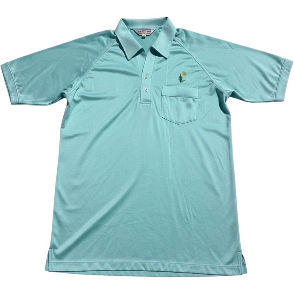 Vintage Tropical Palm Polo Shirt Mens Large Aqua Blue Cactus Sun Embroidered 80s